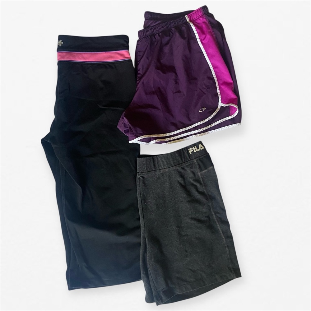 Set of 3 women’s athletic capri yoga leggings, purple & gray biker shorts XL